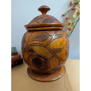 Vintage Carved Wooden Lidded Jar Trinket Box Apothecary Storage Container Decor